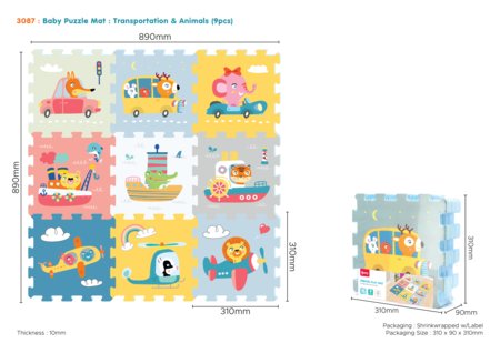 SUNTA vaikiškas dėlionės kilimėlis Transportas ir gyvūnai, 9 dalių, 3087 