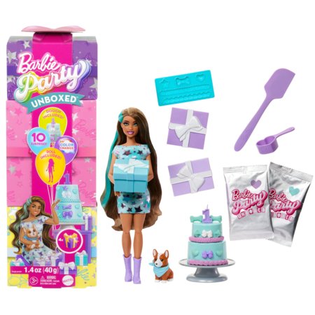 BARBIE Party Unboxed Reveal siurprizų rinkinys tamsiaplaukė lėlė, JFG72 