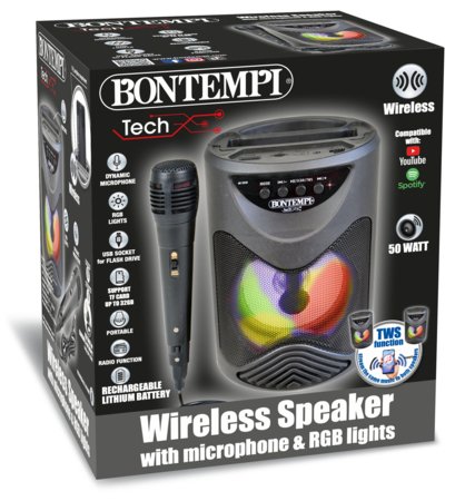 BONTEMPI belaidis garsiakalbis su mikrofonu ir RGB šviesmis, 491010 