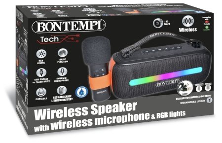 BONTEMPI TECH belaidis garsiakalbis su belaidžiu mikrofonu ir RGB šviesomis, 491050 