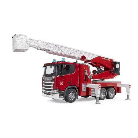 BRUDER 1:16 gaisrinis automobilis Scania R-Series su besisukančiomis kopėčiom ir vandens siurbliu, 03591 