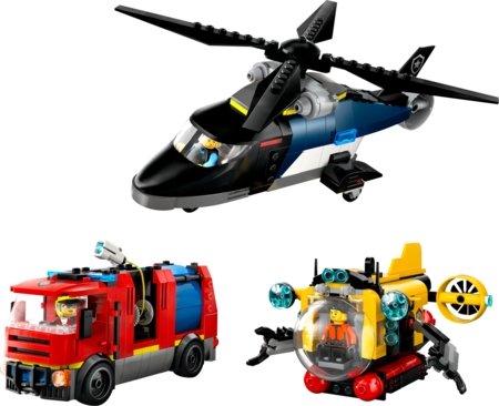 60462 LEGO® City Great Vehicles Sraigtasparnio, ugniagesių automobilio ir povandeninio laivo rinkinys 